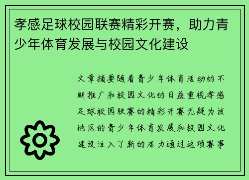 孝感足球校园联赛精彩开赛，助力青少年体育发展与校园文化建设