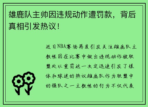 雄鹿队主帅因违规动作遭罚款，背后真相引发热议！
